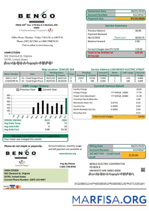 Printable USA Minnesota Benco Elecric electricity easy fillable utility bill template in Word and PDF format (.doc and .pdf)